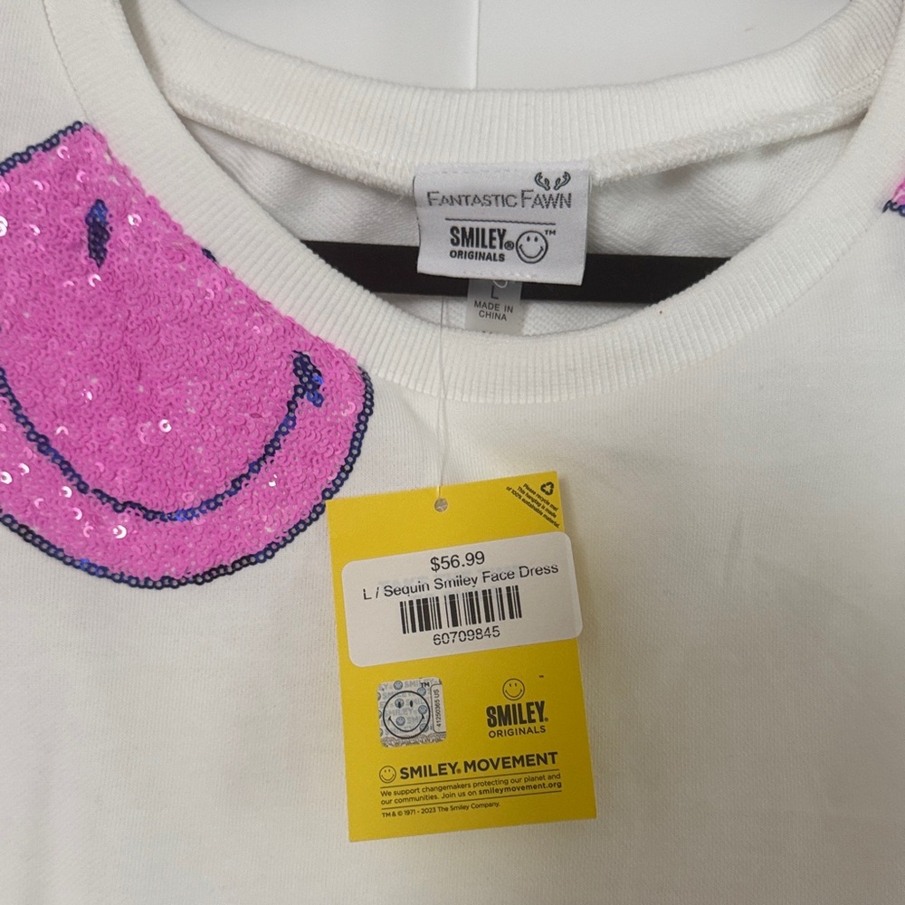 White T-Shirt Dress with Pink Smiley Faces - Picture 2 of 6